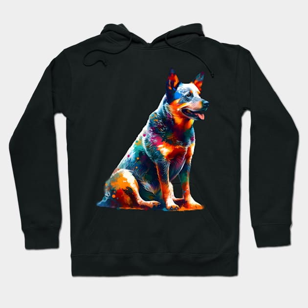 Colorful Australian Cattle Dog in Expressive Splash Art Hoodie by ArtRUs